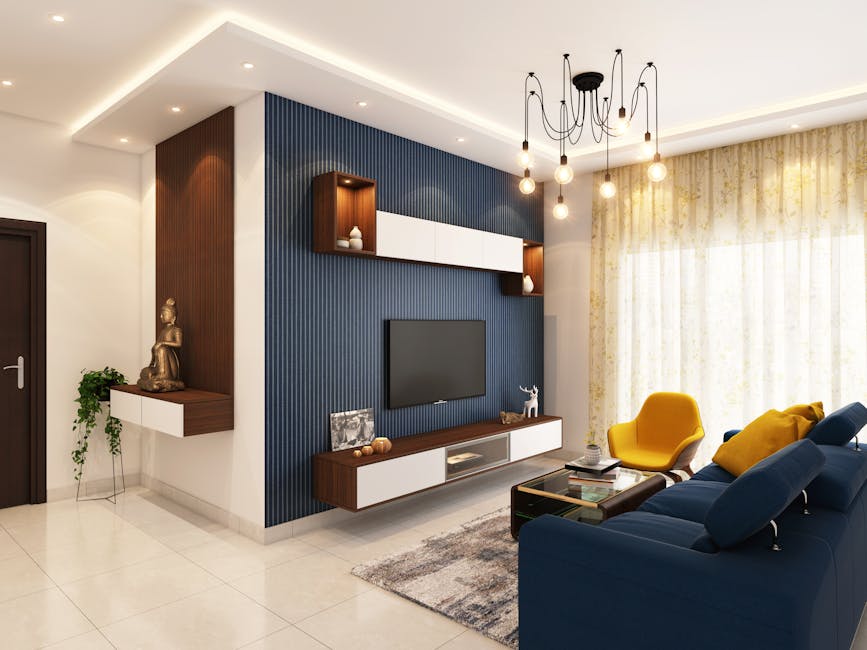Modern living room with blue slatted wall and yellow accent chair